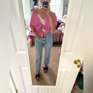 Pink short sleeve button down, size medium, never worn